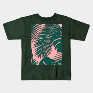 Coral Pink and Green Tropical Leaves Kids T-Shirt